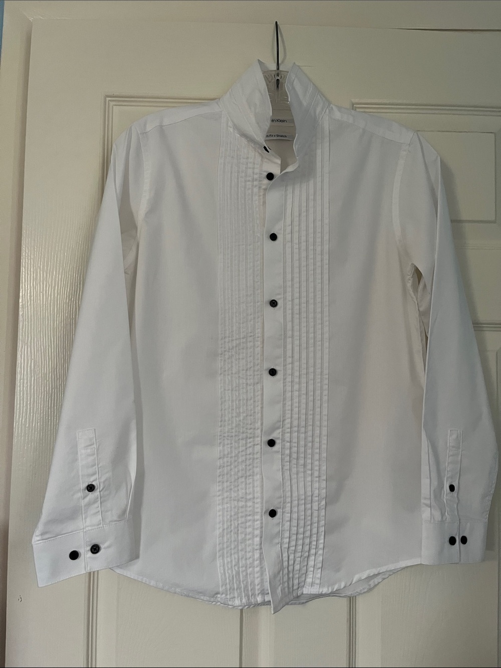 Calvin Klein White Pleated Dress Shirt with Black Buttons